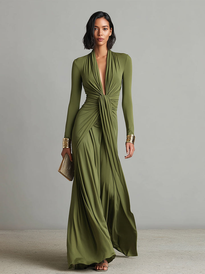 Olive | V-Neck Silk Maxi Dress