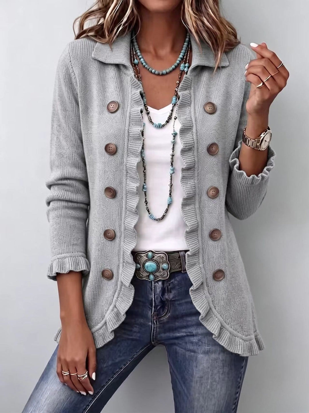 Elowen | Heather Gray Ribbed Knit Ruffle Cardigan