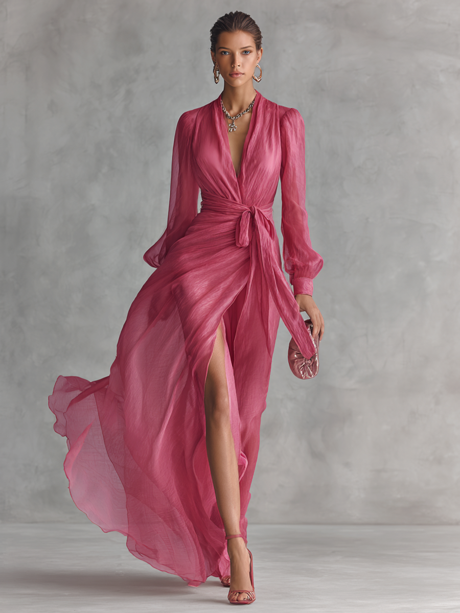 Rosalie | Pink V-Neck Chiffon Dress