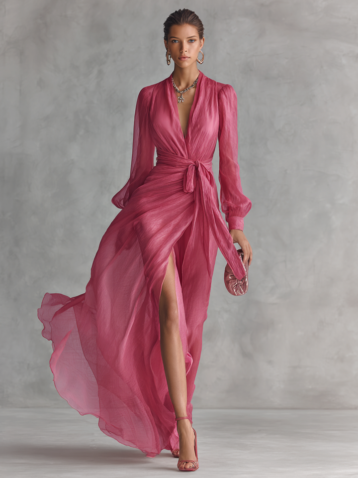 Rosalie | Pink V-Neck Chiffon Dress