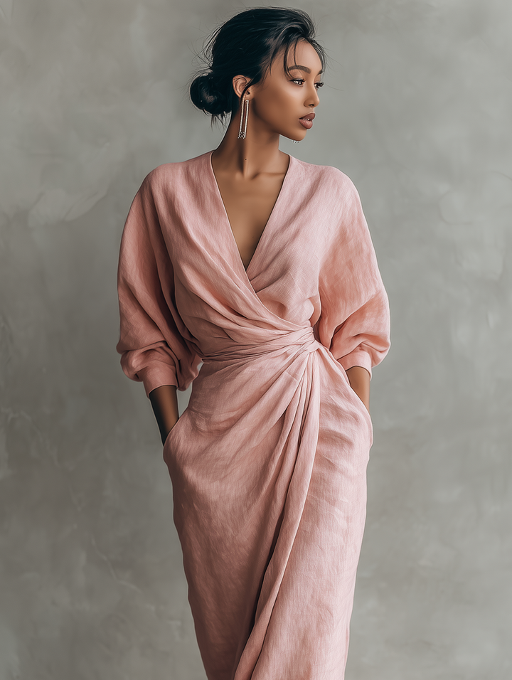 Sasha | Pink V-Neck Linen Maxi Dress