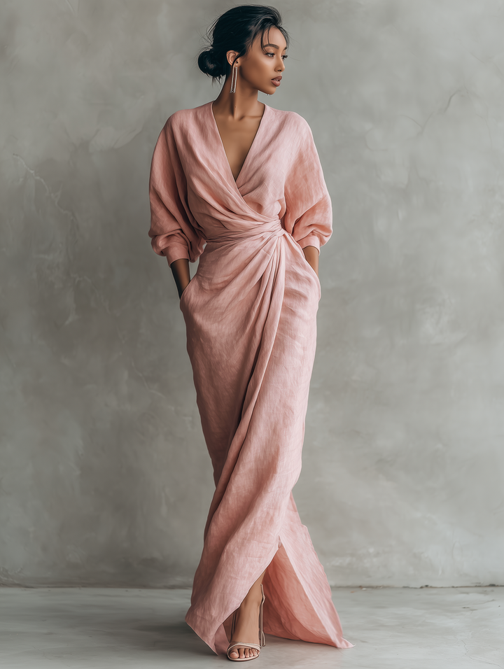 Sasha | Pink V-Neck Linen Maxi Dress