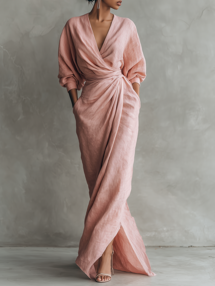 Sasha | Pink V-Neck Linen Maxi Dress