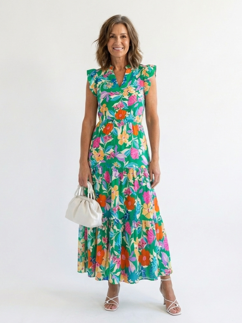 Marguerite | Breezy Floral V Neck Tiered Midi Dress
