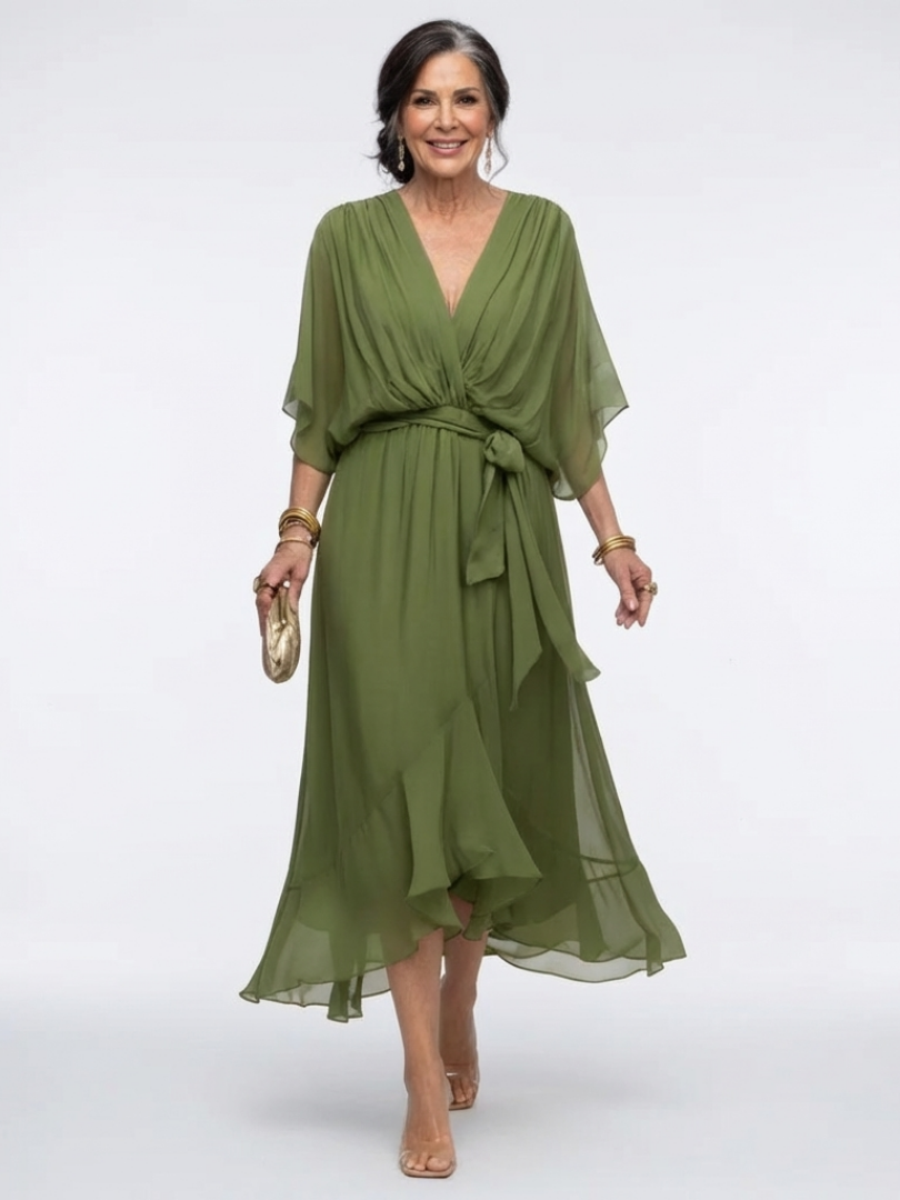 Elysia | Unhurried V Neck Draped Midi Dress