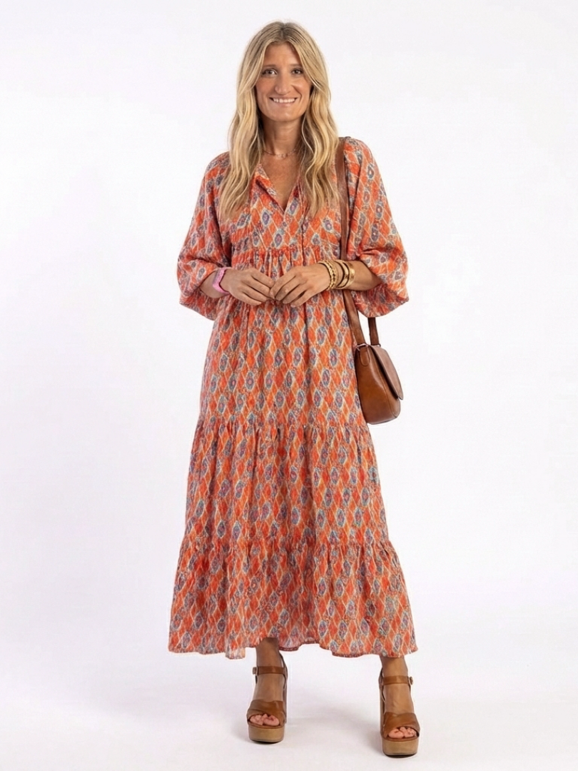 Millicent | Relaxed Geometric V Neck Tiered Midi Dress