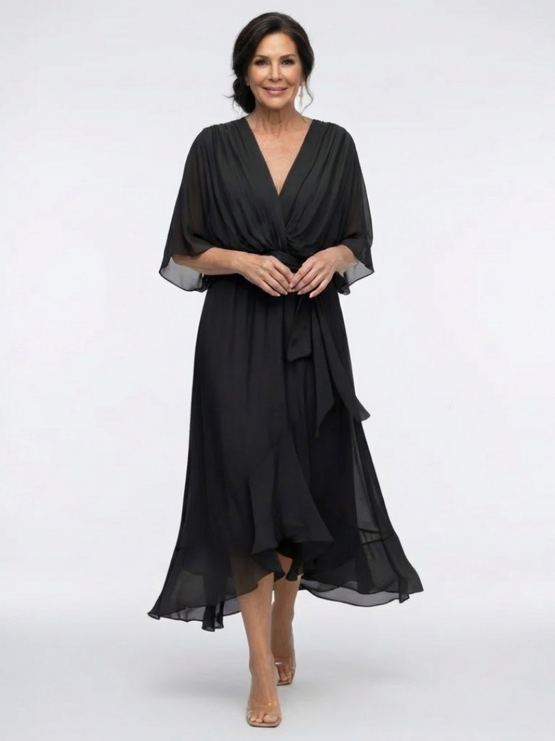 Elysia | Unhurried V Neck Draped Midi Dress