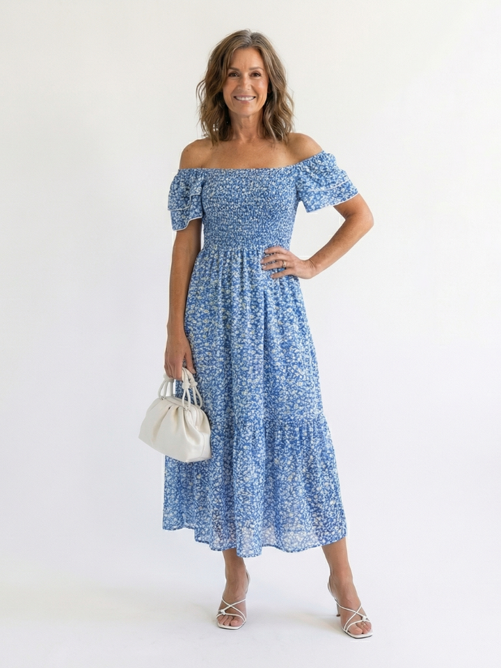 Henrietta | Graceful Floral Off Shoulder Midi Dress