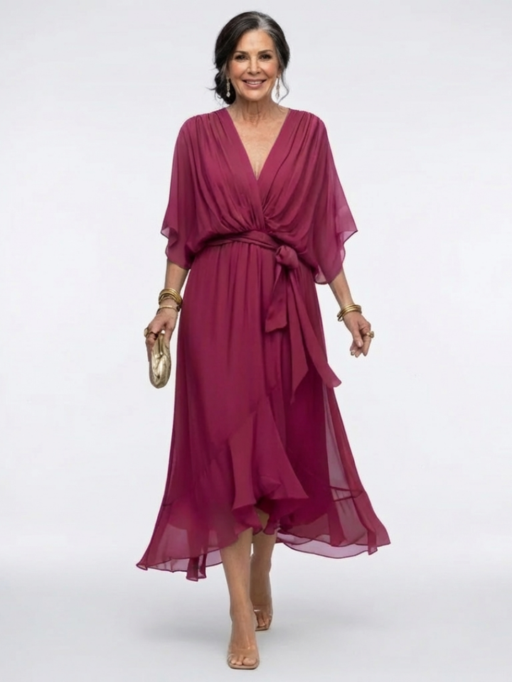 Elysia | Unhurried V Neck Draped Midi Dress