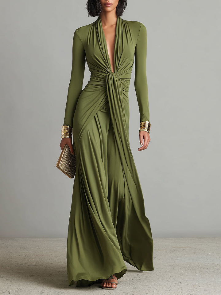 Olive | V-Neck Silk Maxi Dress