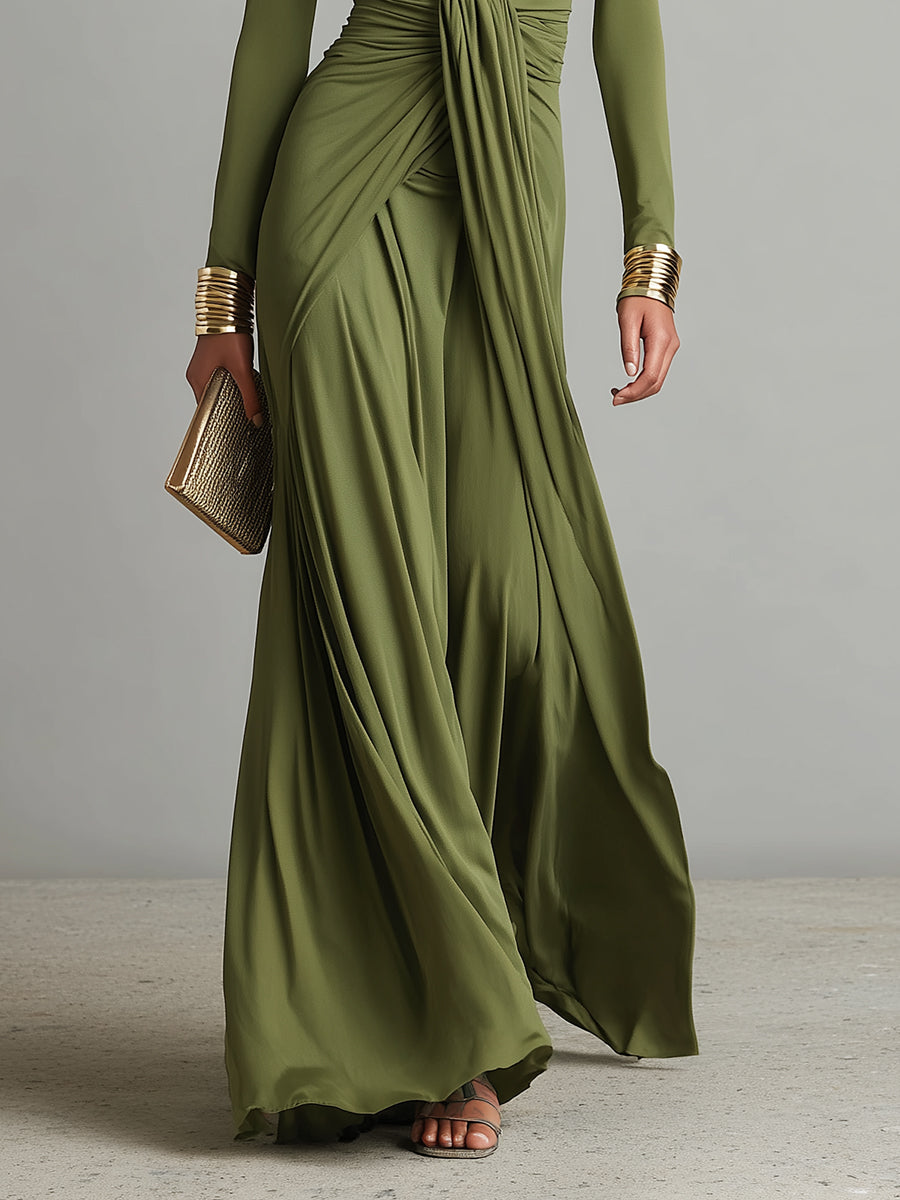 Olive | V-Neck Silk Maxi Dress