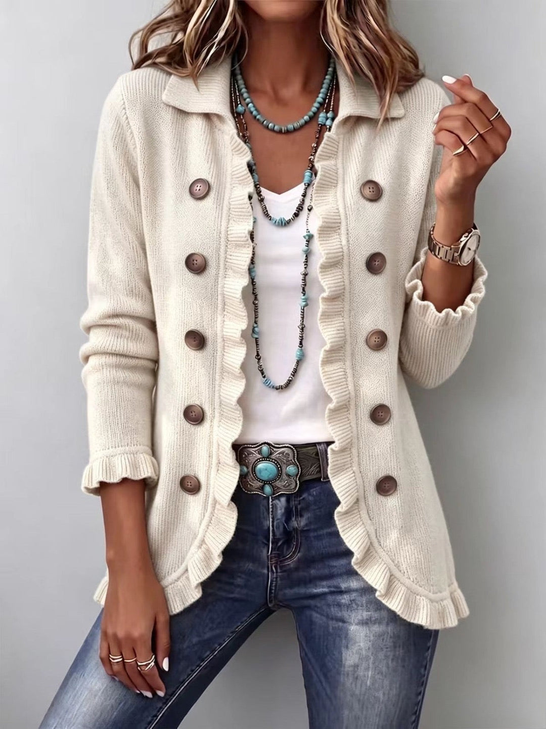 Adeline | Ivory Ribbed Knit Ruffle Cardigan