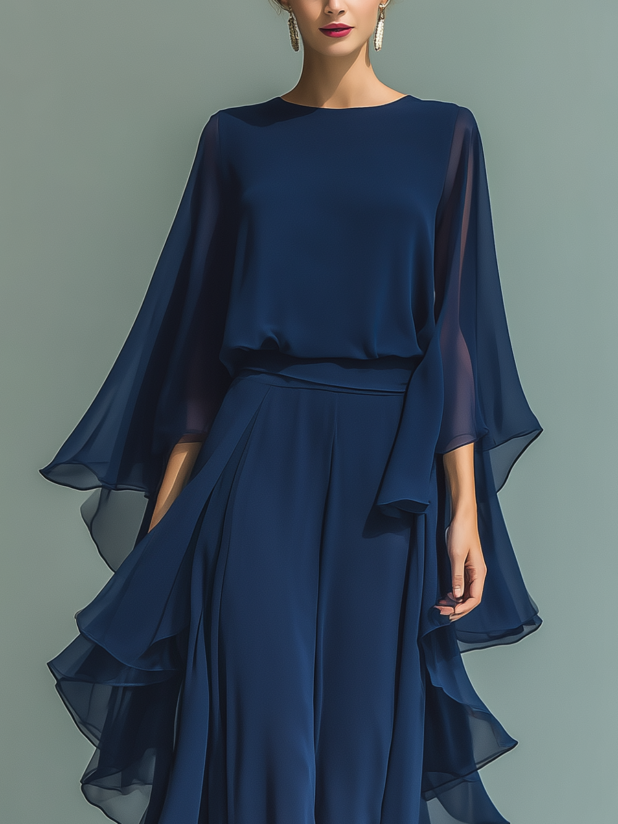 Marineblau Chiffon Set Rüschen