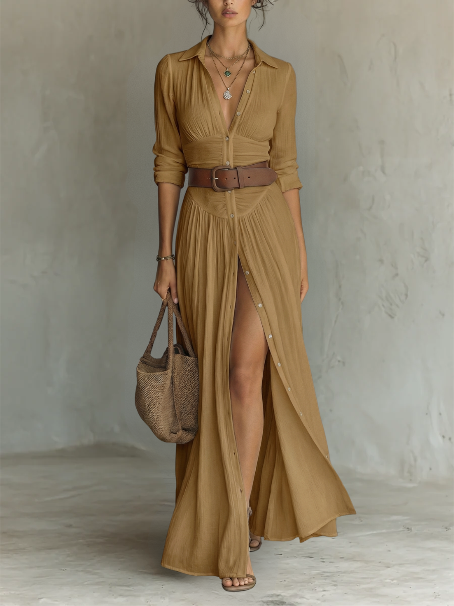 Helena | Langes Maxi-Kleid mit eingeschnittenem Kragen und langen Ärmeln