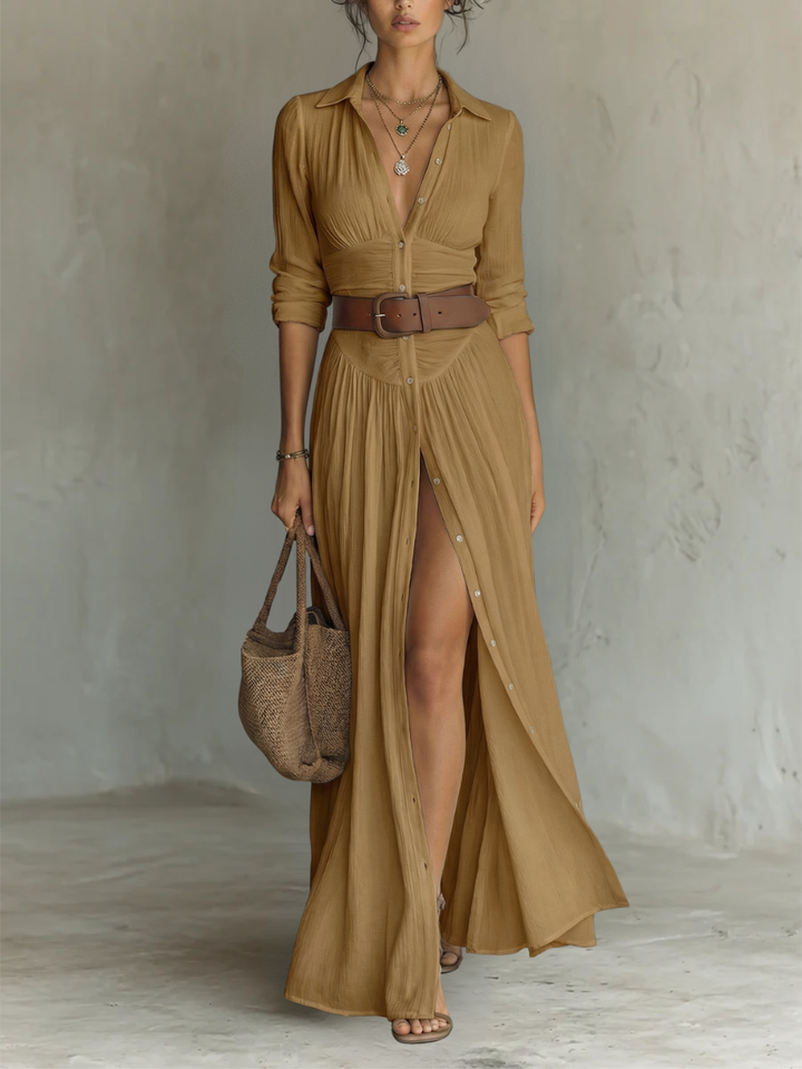 Helena | Langes Maxi-Kleid mit eingeschnittenem Kragen und langen Ärmeln