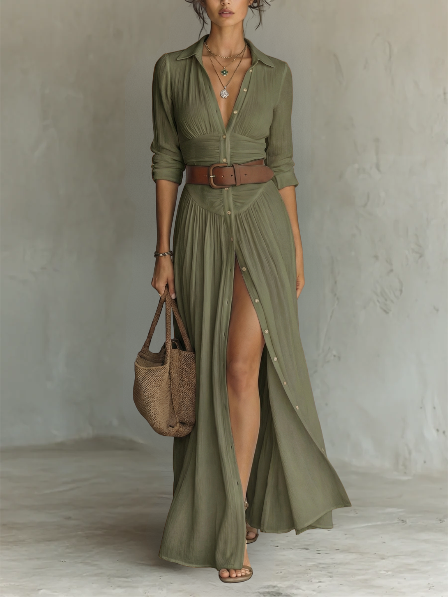 Helena | Langes Maxi-Kleid mit eingeschnittenem Kragen und langen Ärmeln