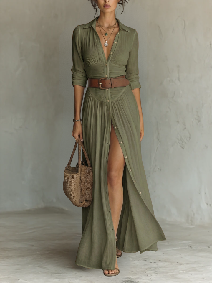 Helena | Langes Maxi-Kleid mit eingeschnittenem Kragen und langen Ärmeln