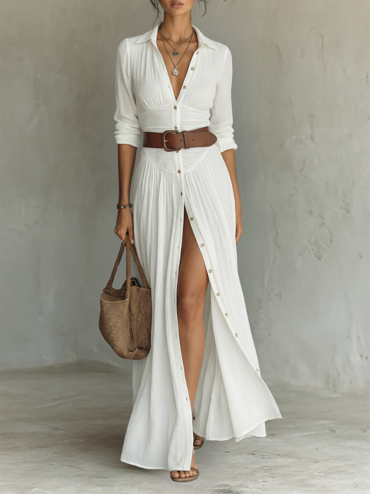 Weißes Leinen Faltenkleid Maxi