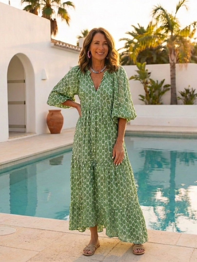 Apolline | Quiet V Neck Three Quarter Sleeve Midi Dress