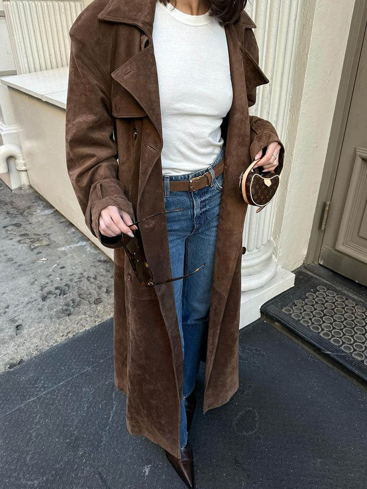 Nadine | Chic Long Suede Trench Coat with Waist Belt