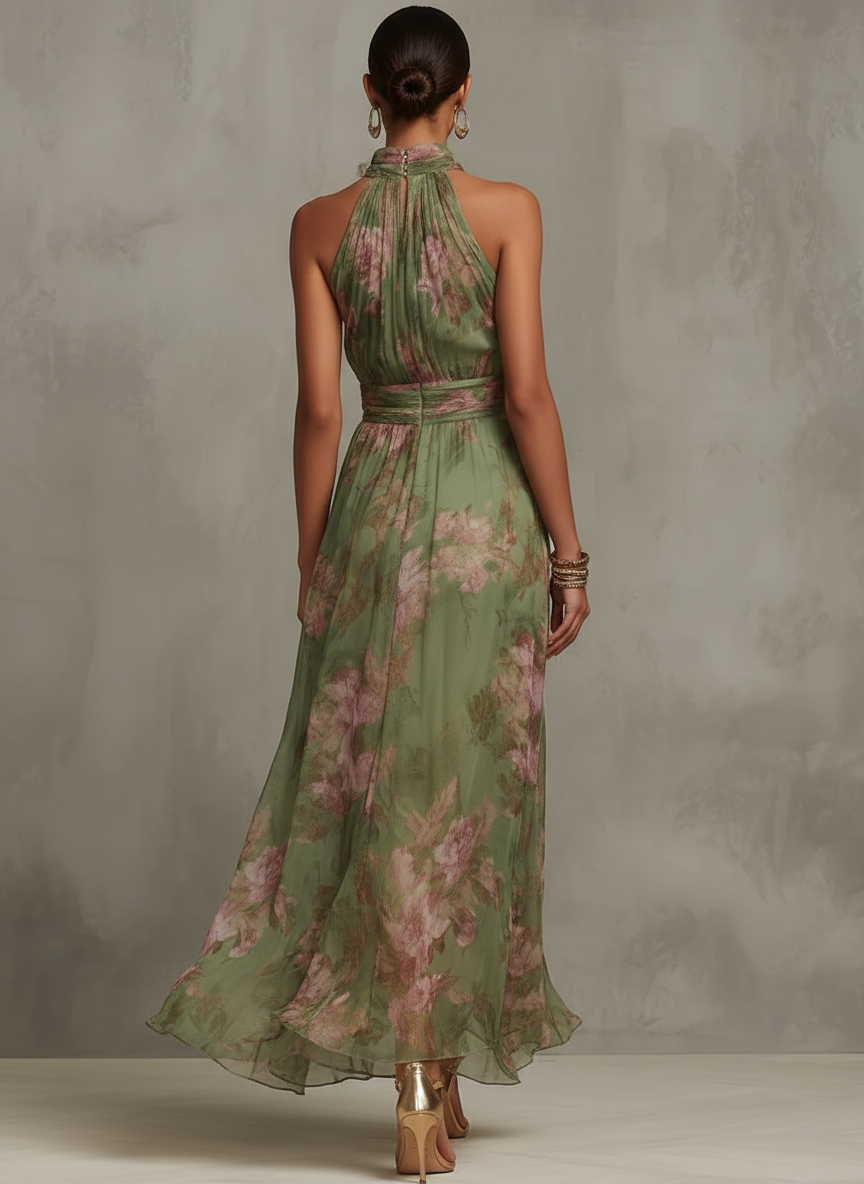 Serena | Green Floral Halter Maxi