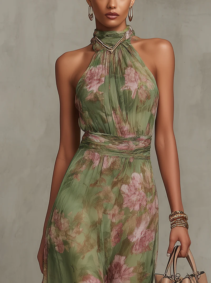 Serena | Green Floral Halter Maxi