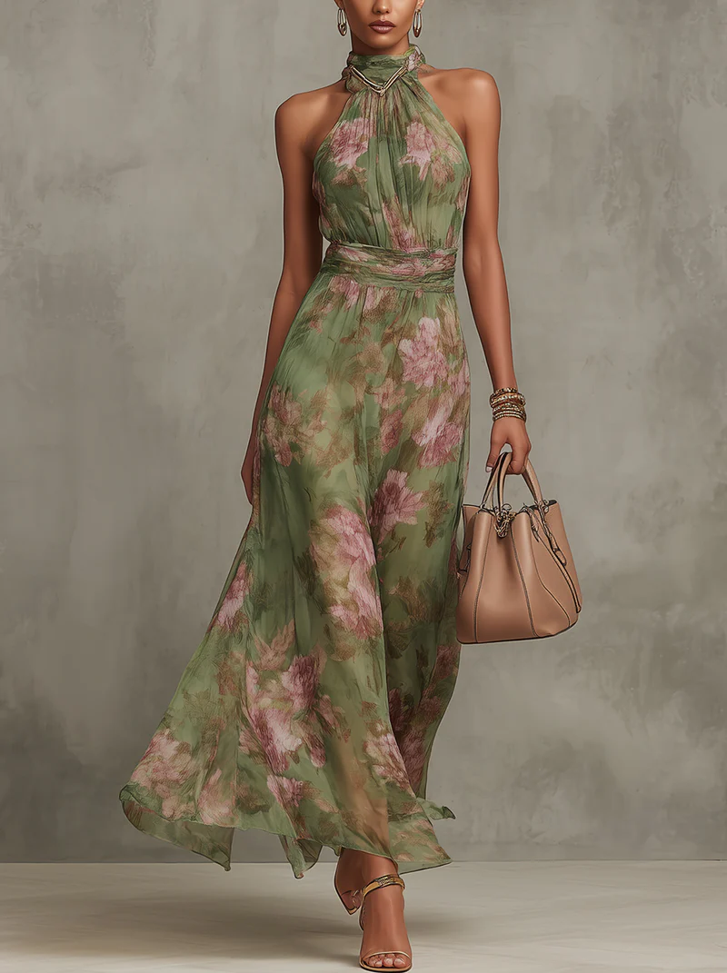 Serena | Green Floral Halter Maxi