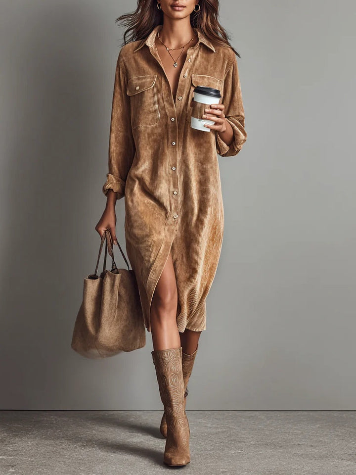 Jessy | Loose Corduroy Double Chest Pocket Breasted Midi Dress
