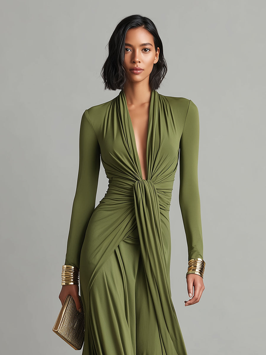 Olive | V-Neck Silk Maxi Dress