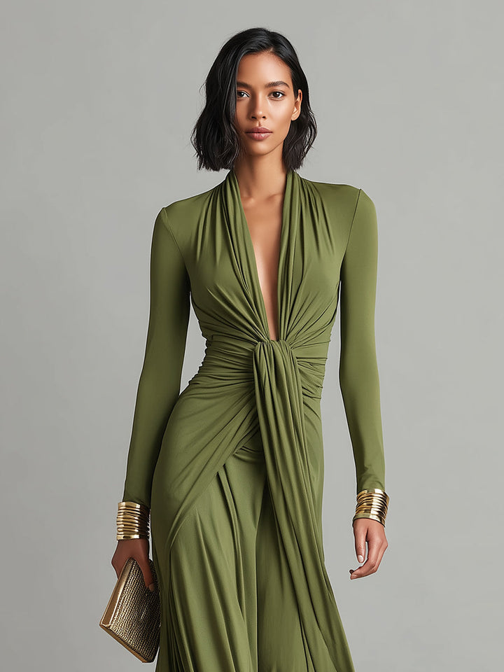 Olive | V-Neck Silk Maxi Dress