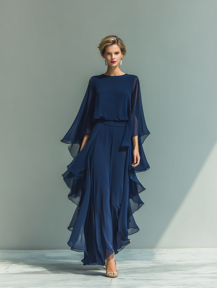 Marineblau Chiffon Set Rüschen
