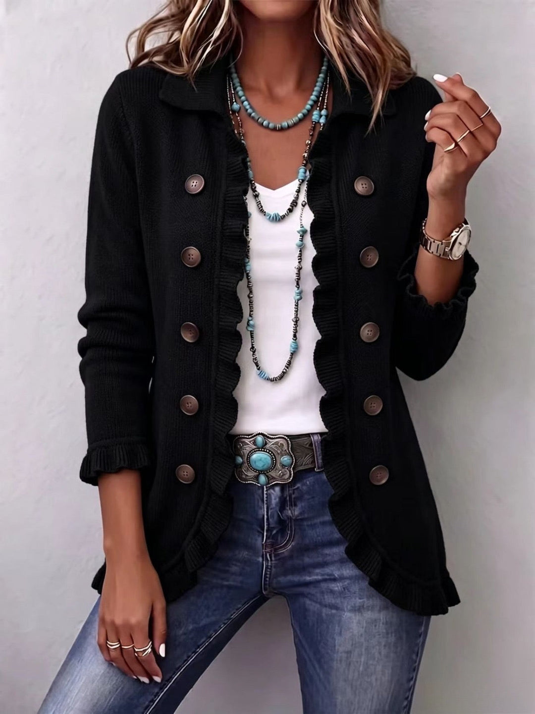 Camille | Jet Black Ribbed Knit Ruffle Cardigan