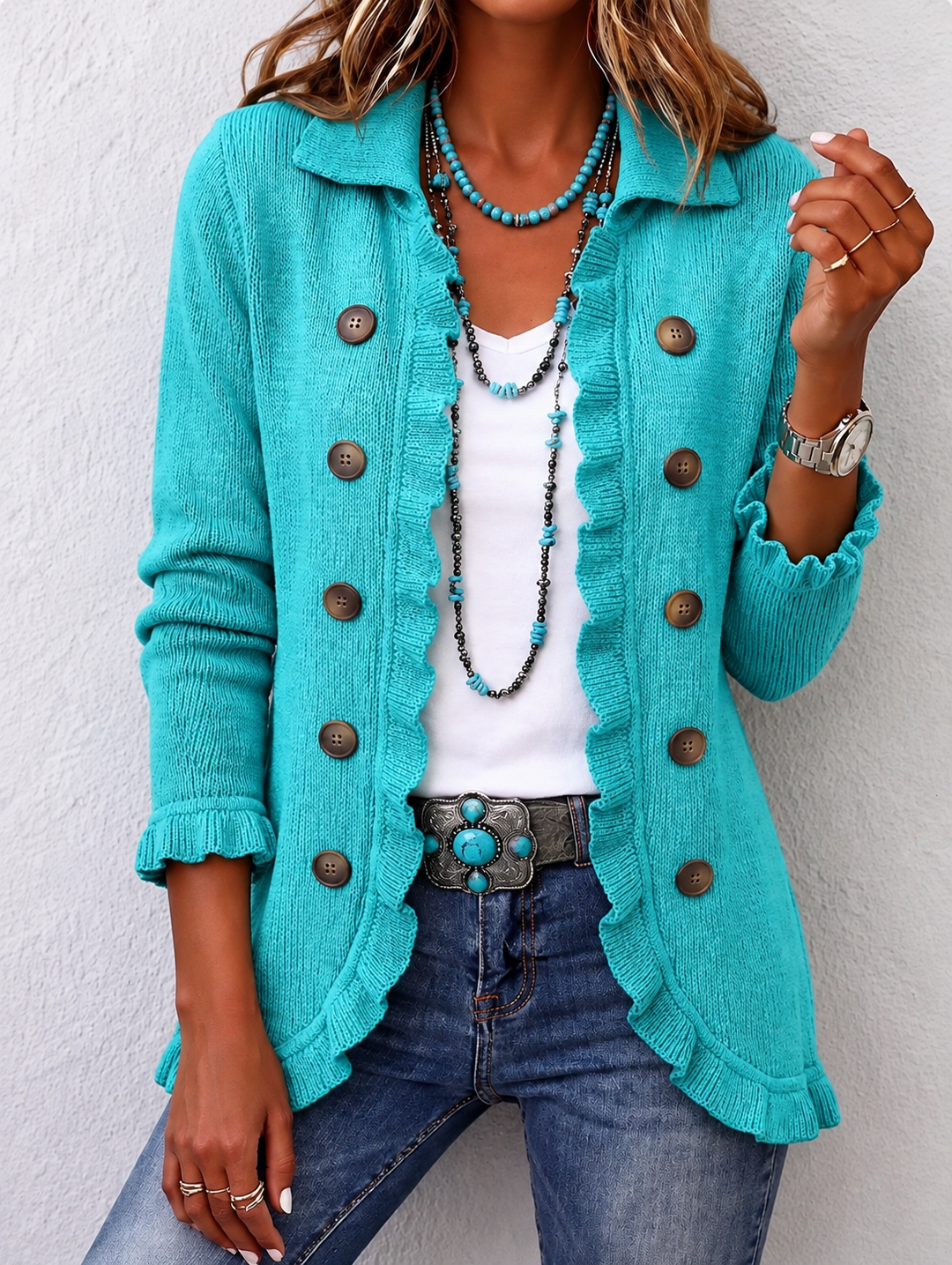 Maribel | Turquoise Ribbed Knit Ruffle Cardigan