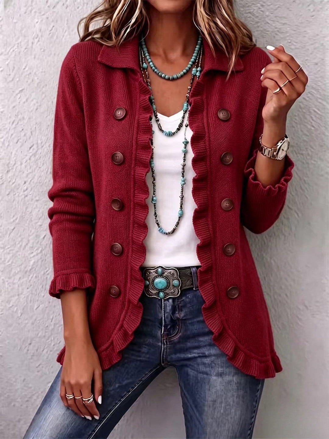 Rosalie | Ruby Red Ribbed Knit Ruffle Cardigan