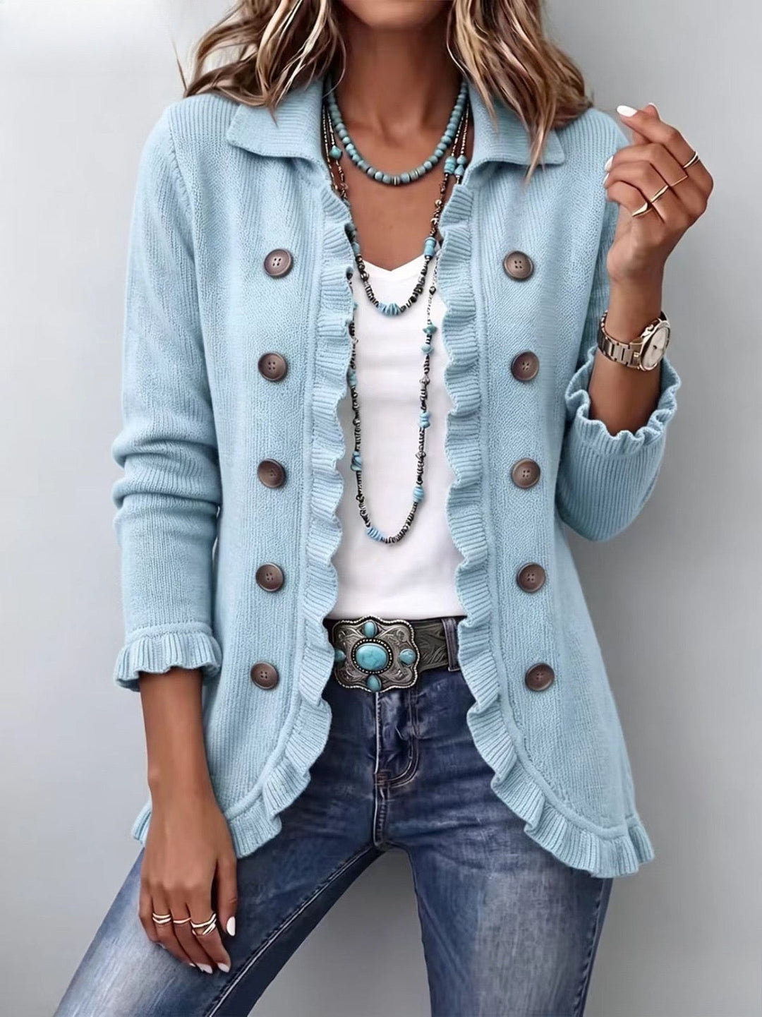 Cecilia | Powder Blue Ribbed Knit Ruffle Cardigan