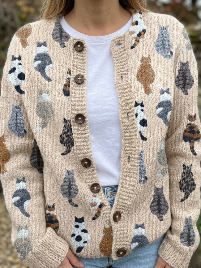 Sorielle | Cat Print Knit Cardigan