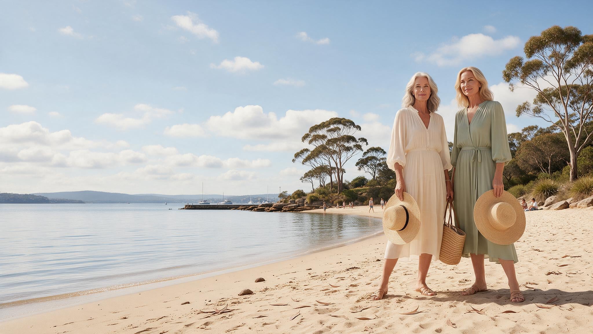 Two women on an Australian harbour beach wearing elegant midi dresses
