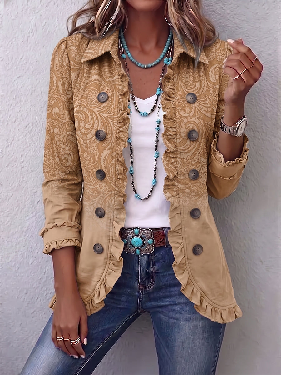 Claire | Khaki Printed Ruffle Jacket