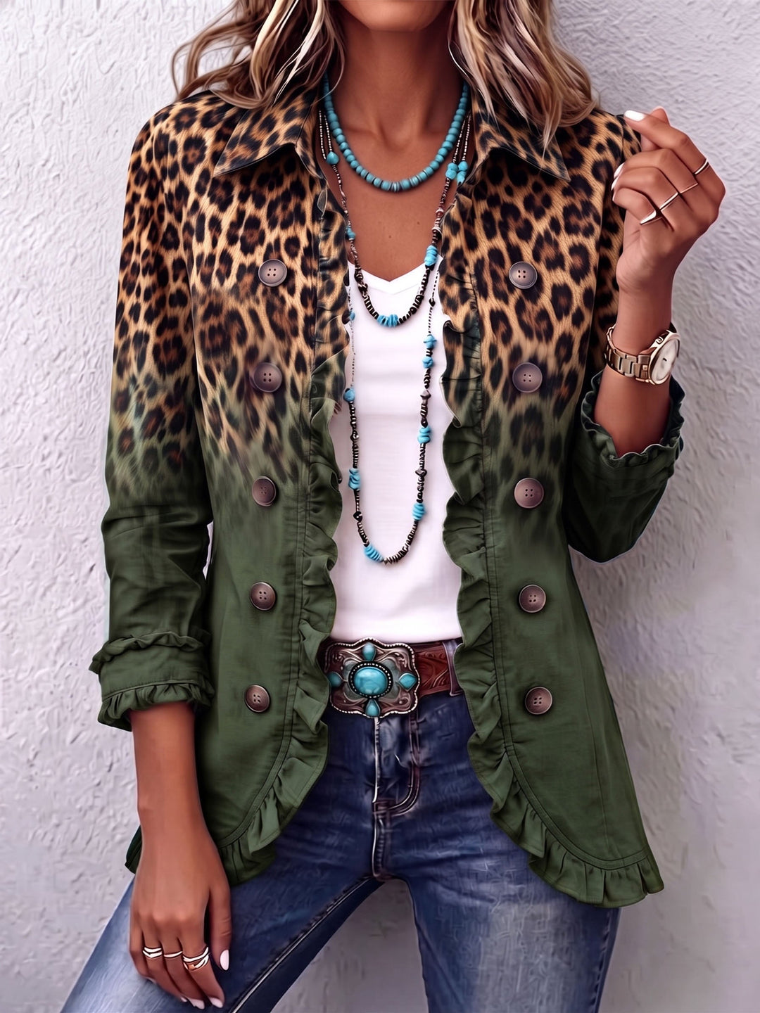 Louise | Green Leopard Ombre Ruffle Jacket