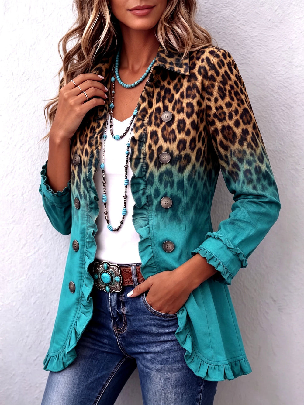 Beatrice | Turquoise Leopard Ombre Ruffle Jacket