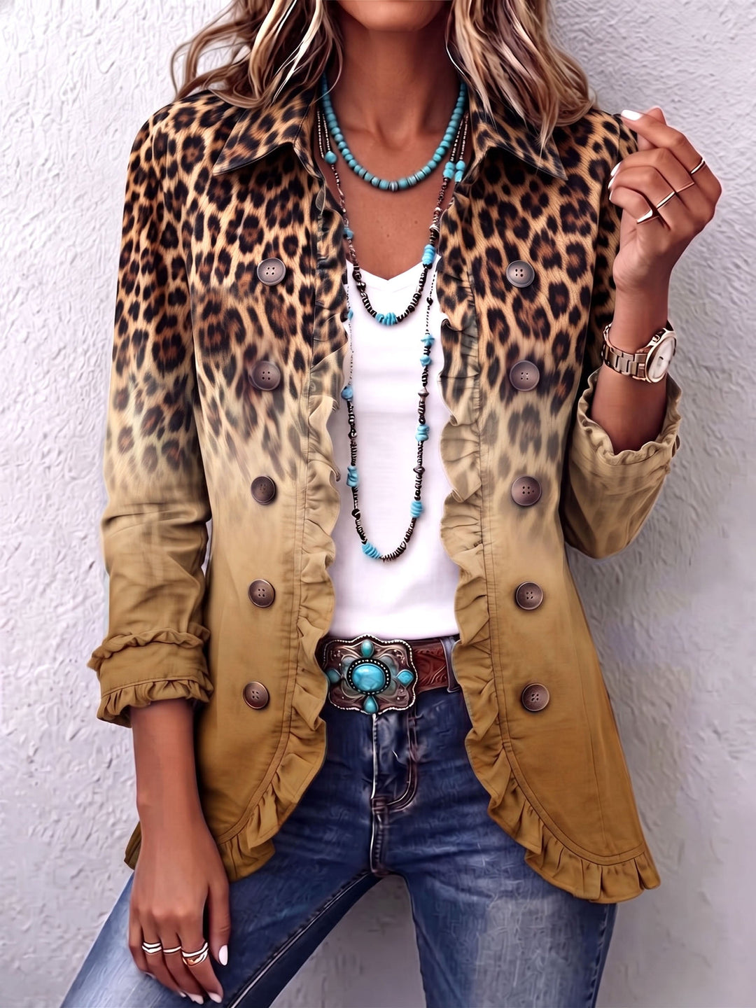 Beatrice | Turquoise Leopard Ombre Ruffle Jacket