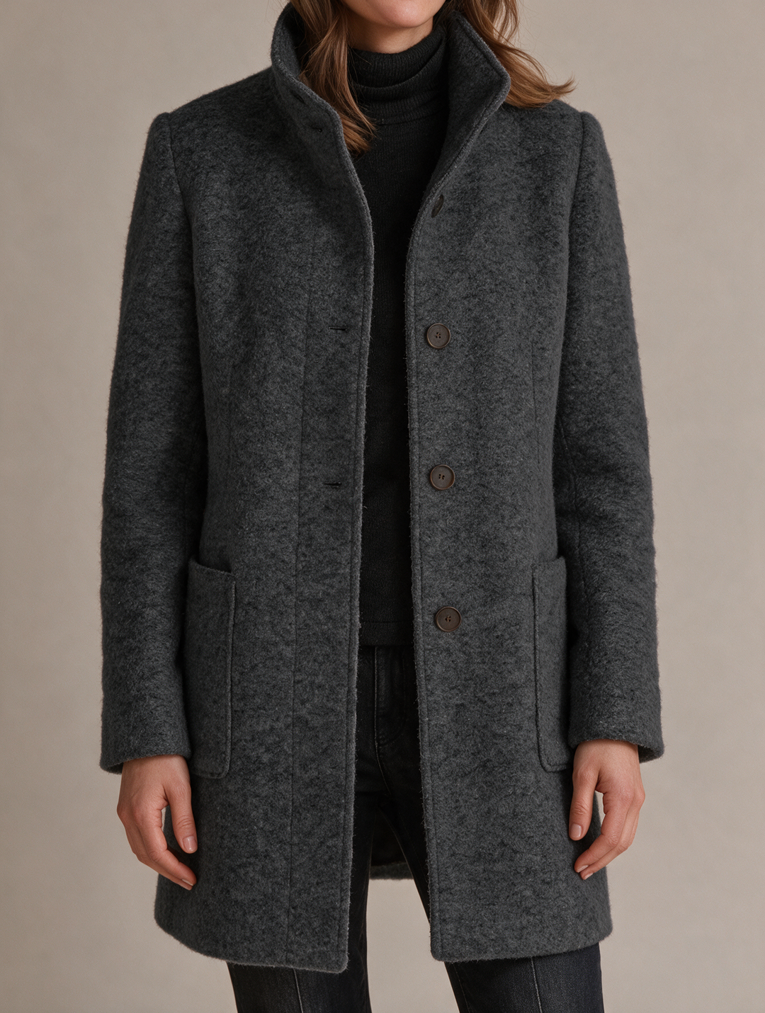 Stand-Collar Bouclé Wool Coat - model - Dark Grey
