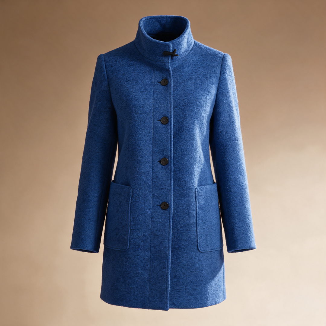 Stand-Collar Bouclé Wool Coat - Blue
