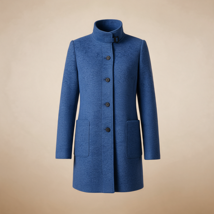 Tailored Stand-Collar Wool Overcoat - Blue