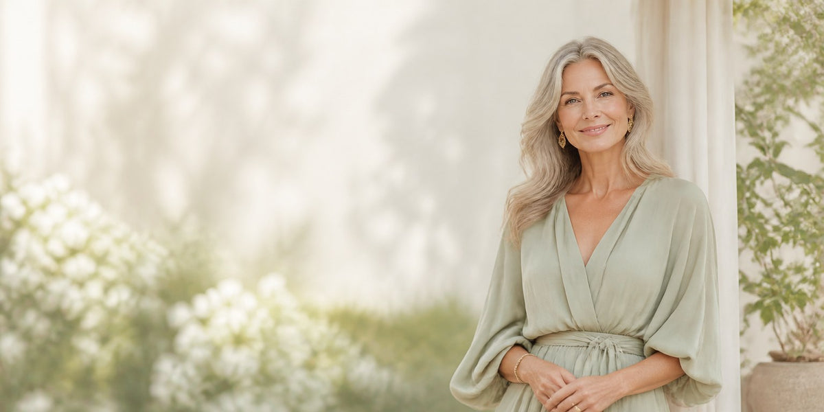 Woman in a sage green dress, boutique banner